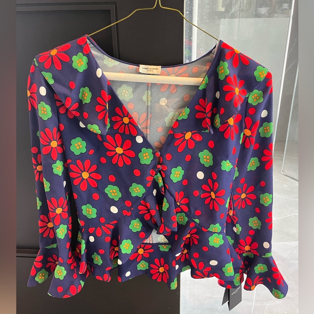 New with tags Yves Saint Laurent Paris purple and red floral silk blouse